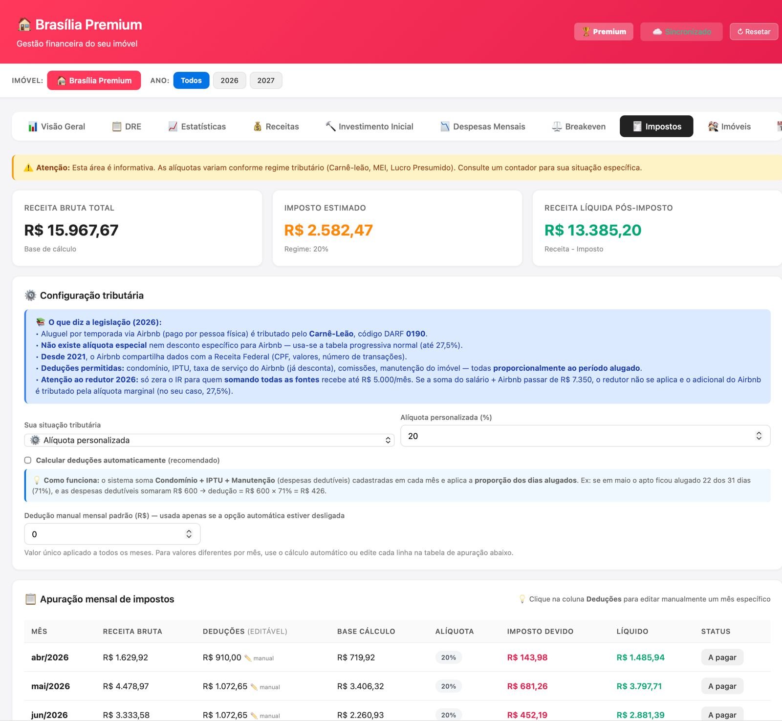 Tela Impostos com receita bruta, imposto estimado, receita líquida pós-imposto e apuração mensal