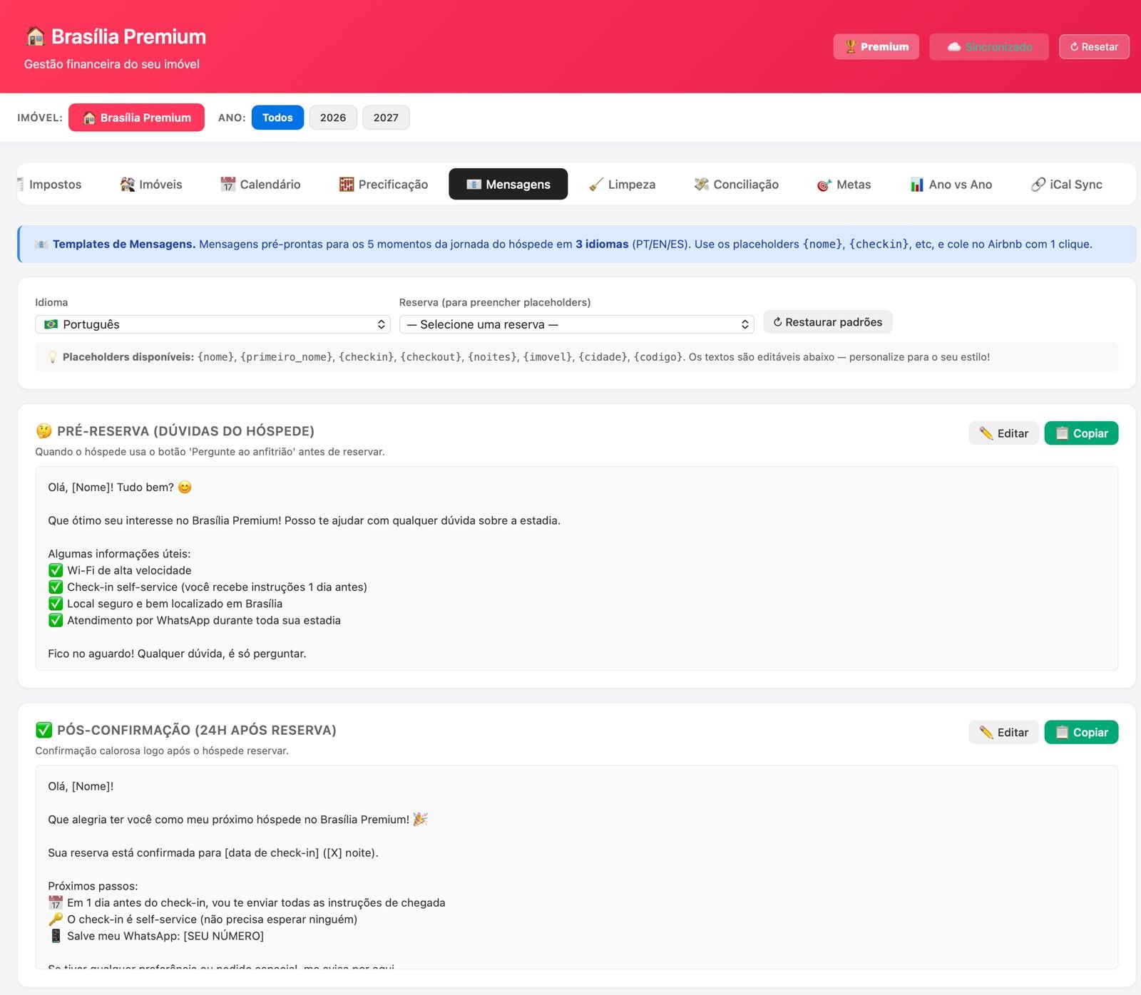 Tela Mensagens com templates prontos para os momentos da jornada do hóspede em 3 idiomas